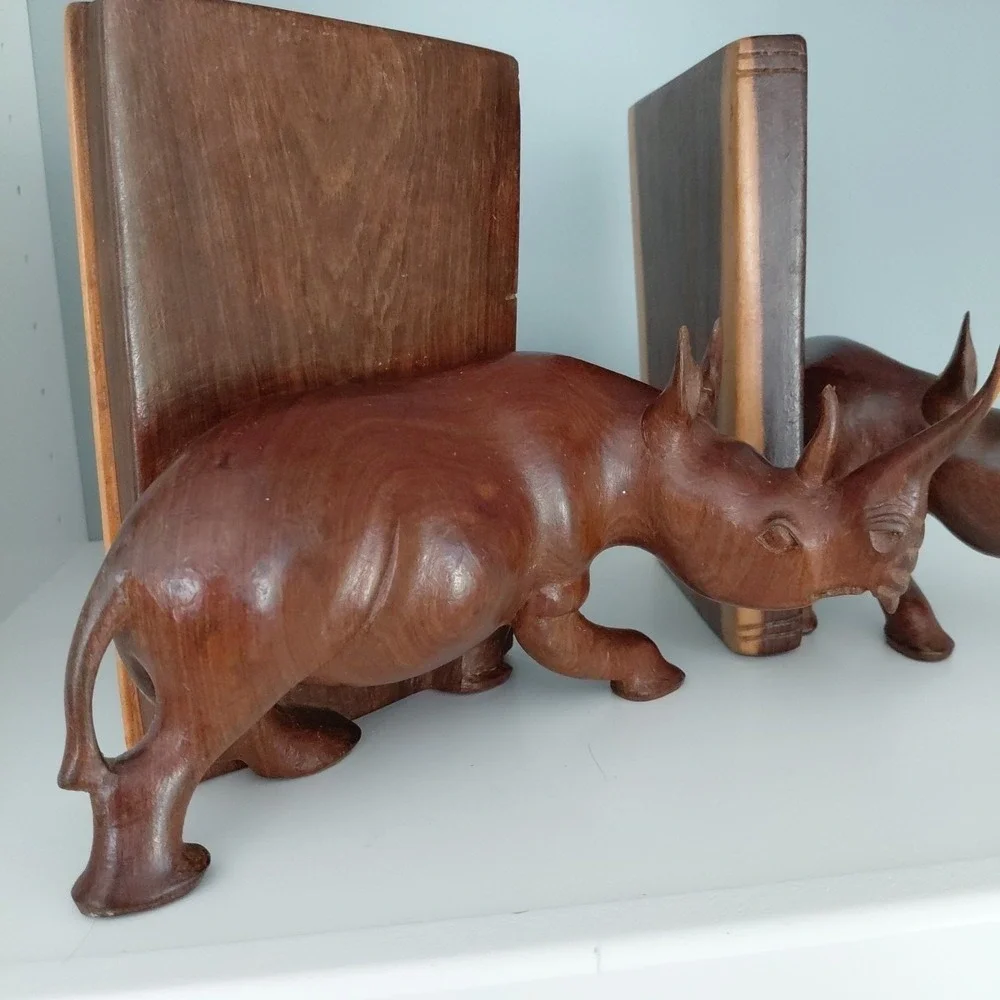 Vintage Hand‎ Carved Natural Wood African RHINO Bookends Heavy Artist Detailed - Picture 5 of 16